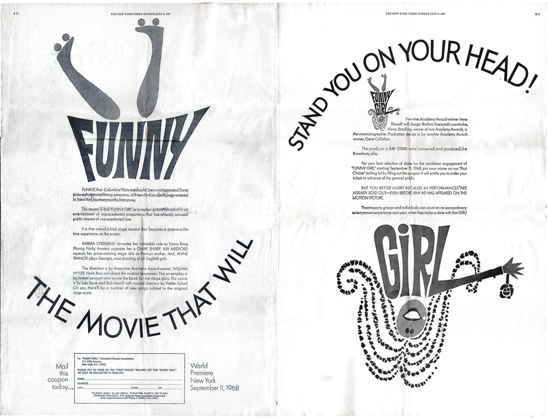 July 1967 double-ad for Funny Girl early ticket sales.