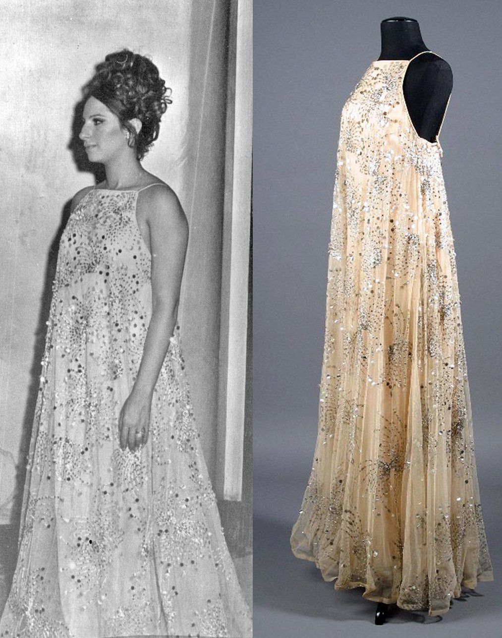 Two photos of Streisand wearing Scaasi gown to Funny Girl New York premiere.