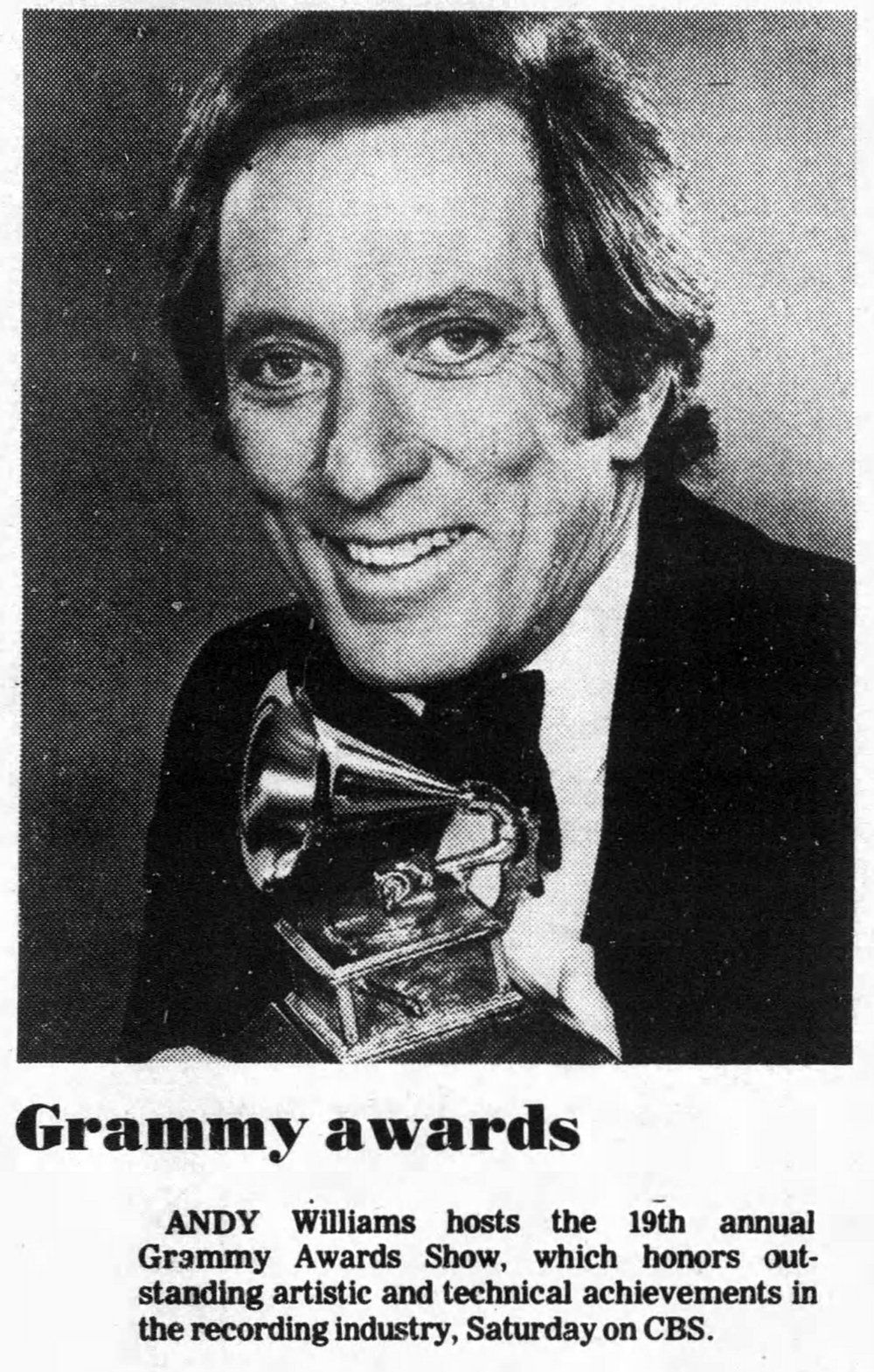 Newspaper ad for the 1977 Grammy Awards with hot Andy Williams pictured.