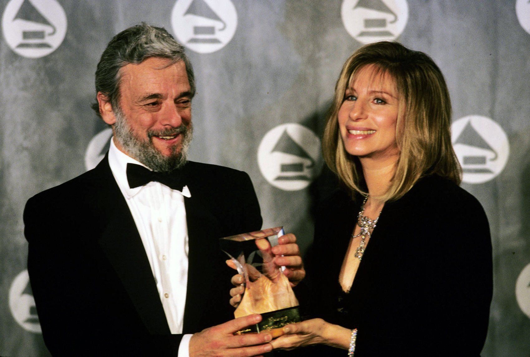Stephen Sondheim presents Barbra Streisand a Grammy Legend Award in 1992.