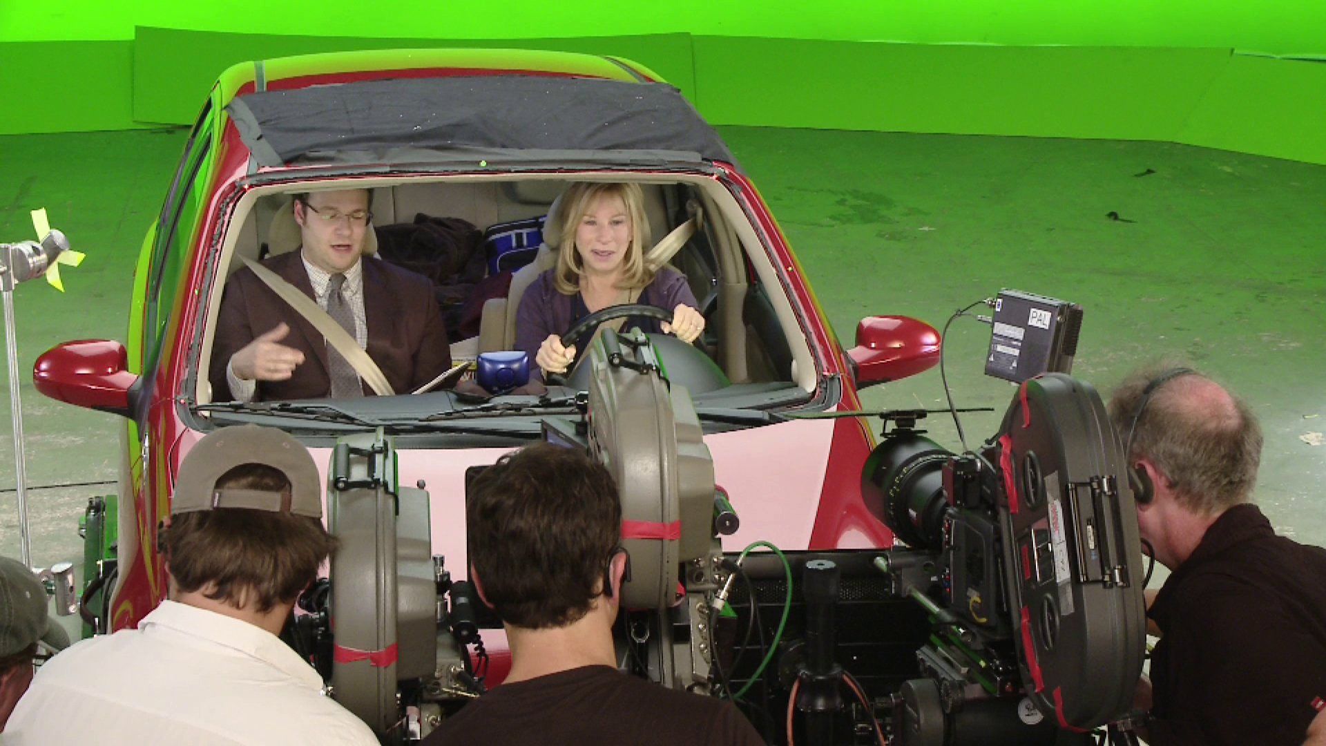 Rogen and Streisand are filmed in a car against a green screen.