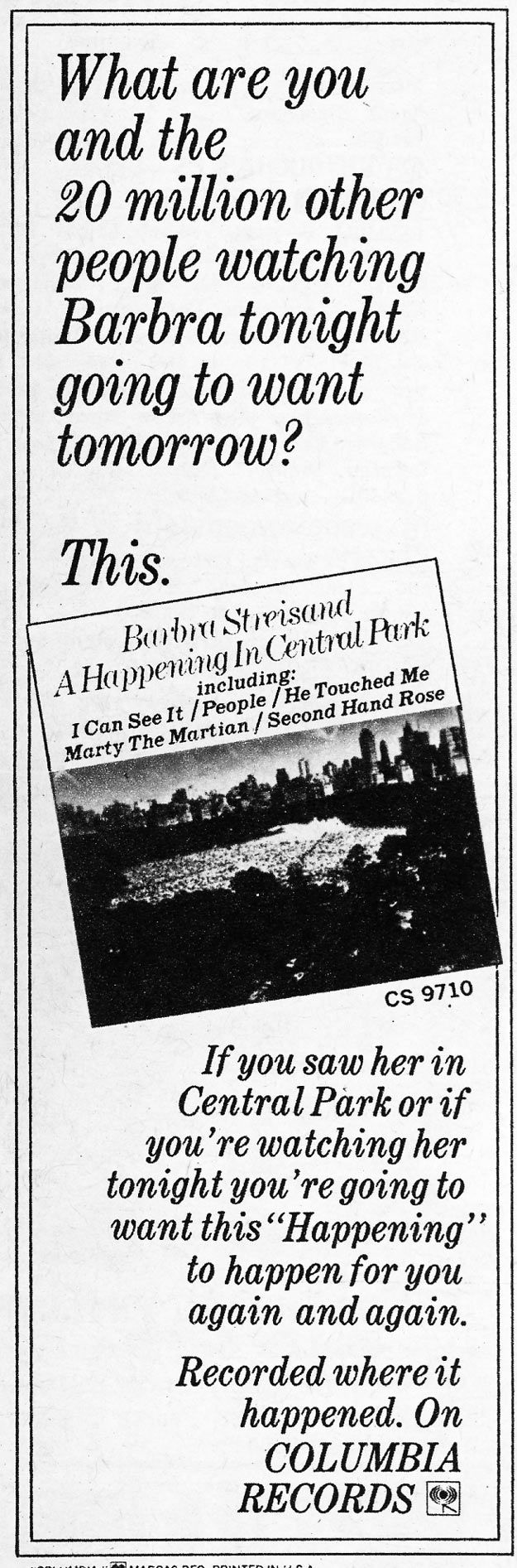 Columbia newspaper ad for Happening in Central Park album.