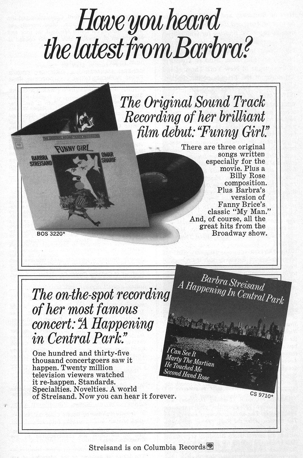 Columbia Records ad for both the Funny Girl soundtrack and the Happening in Central Park album.