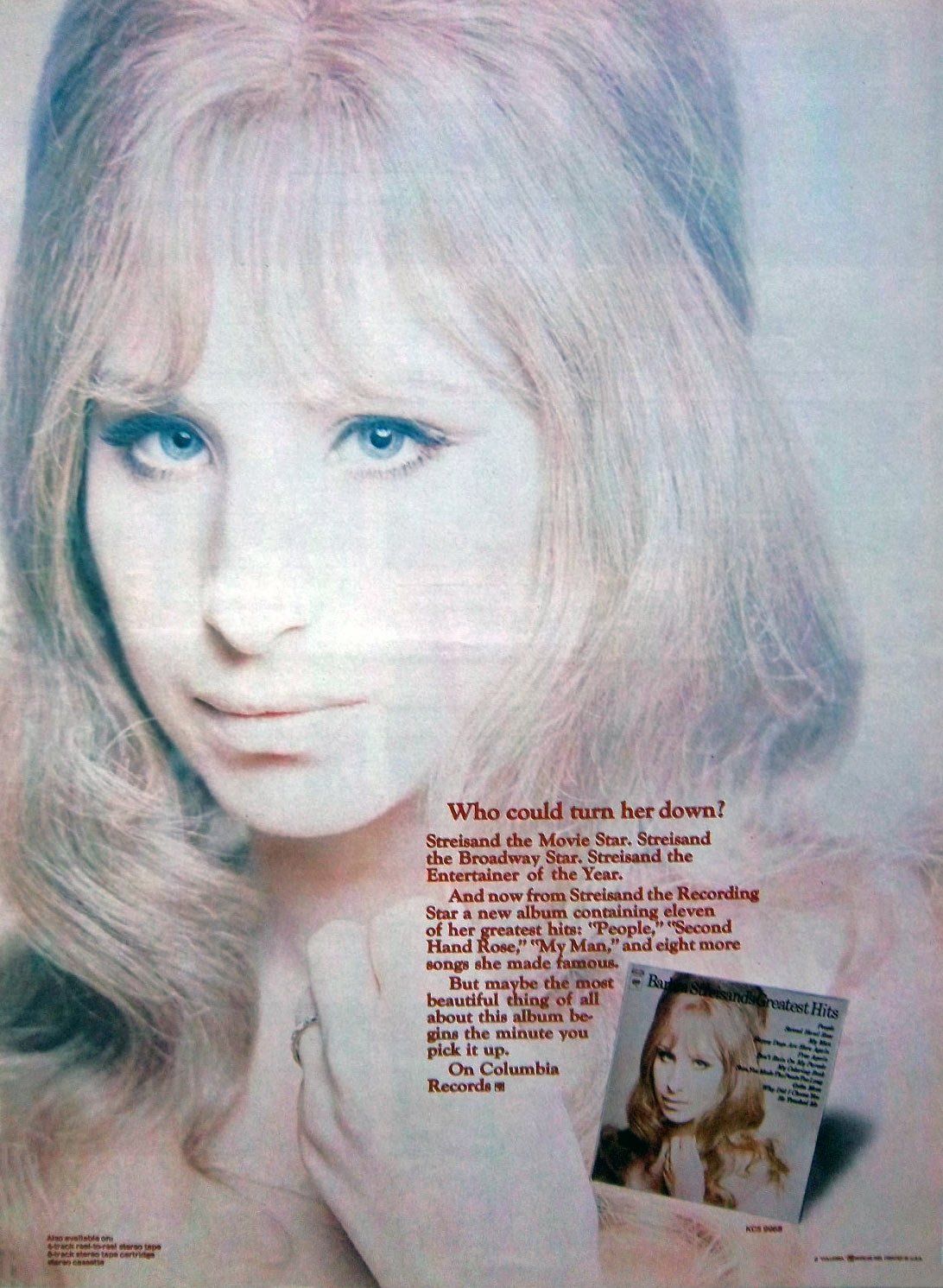 Columbia Records color ad for Barbra Streisand's Greatest Hits album.