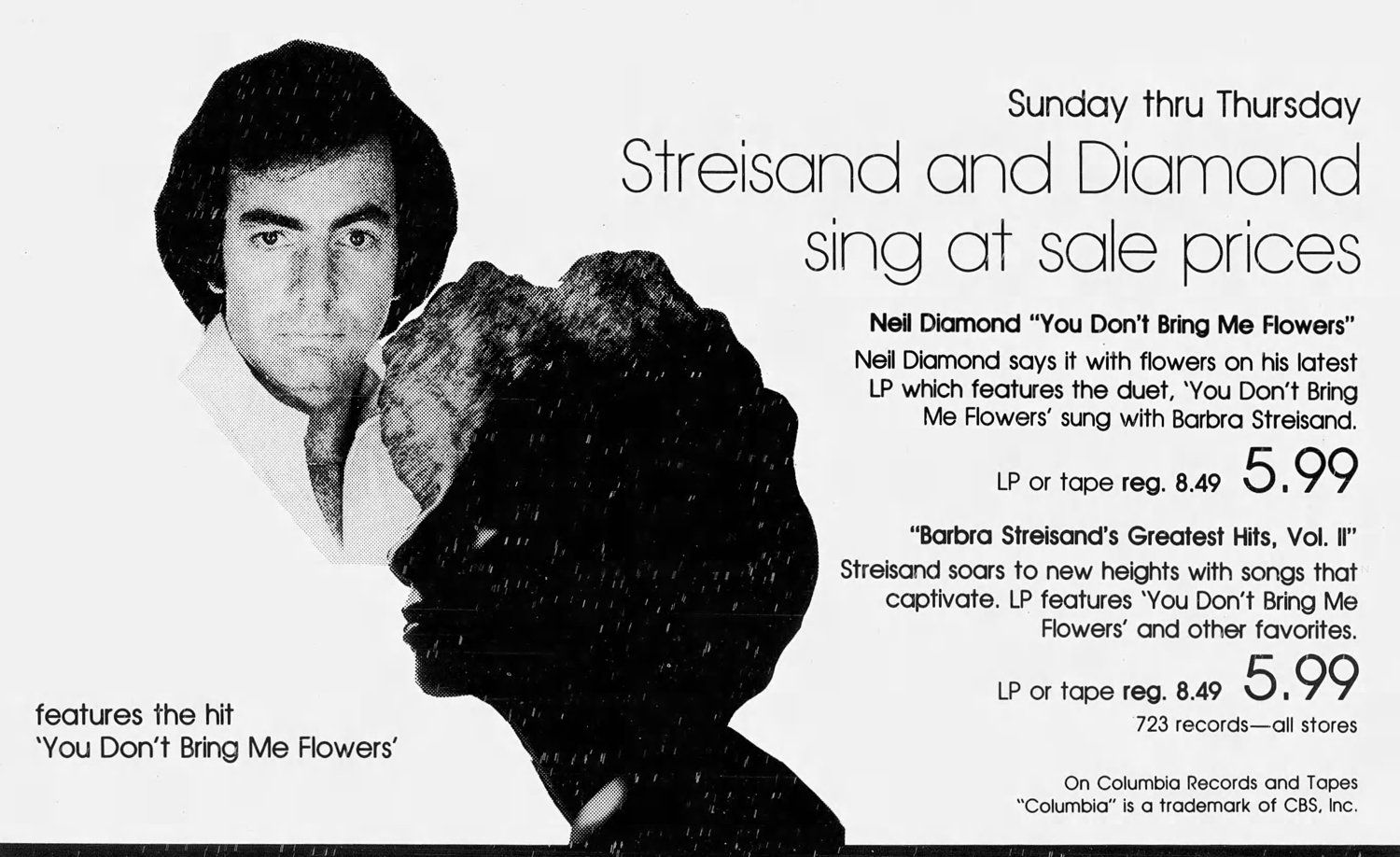 Newspaper ad for both Neil Diamond's album and Barbra Streisand's Greatest Hits Vol. 2