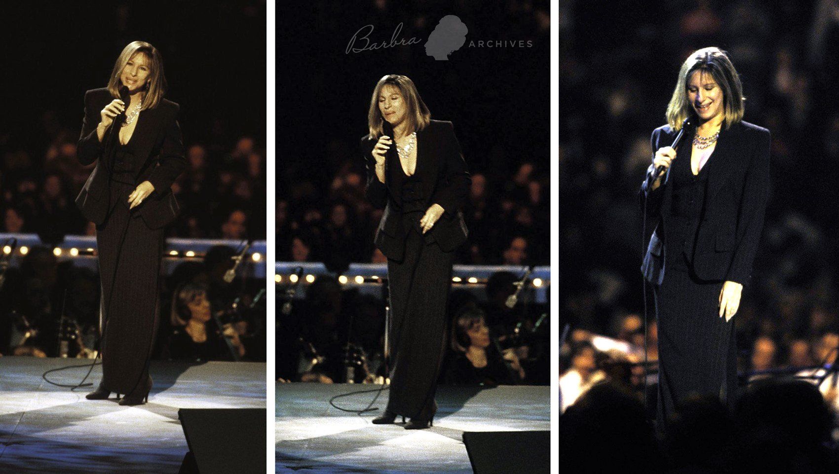 Streisand, wearing pin striped suit and skirt, sings for President Clinton.
