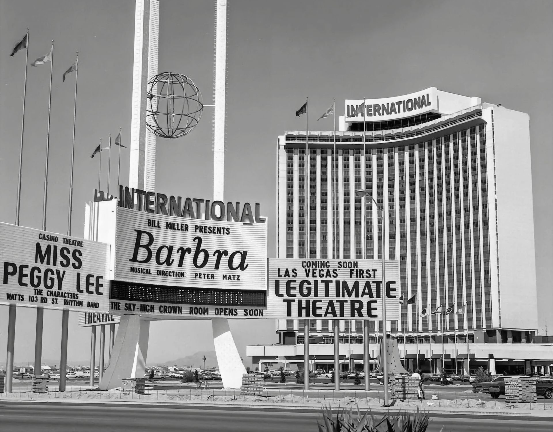 Exterior picture of the International Hotel with Barbra's name on the marquee.