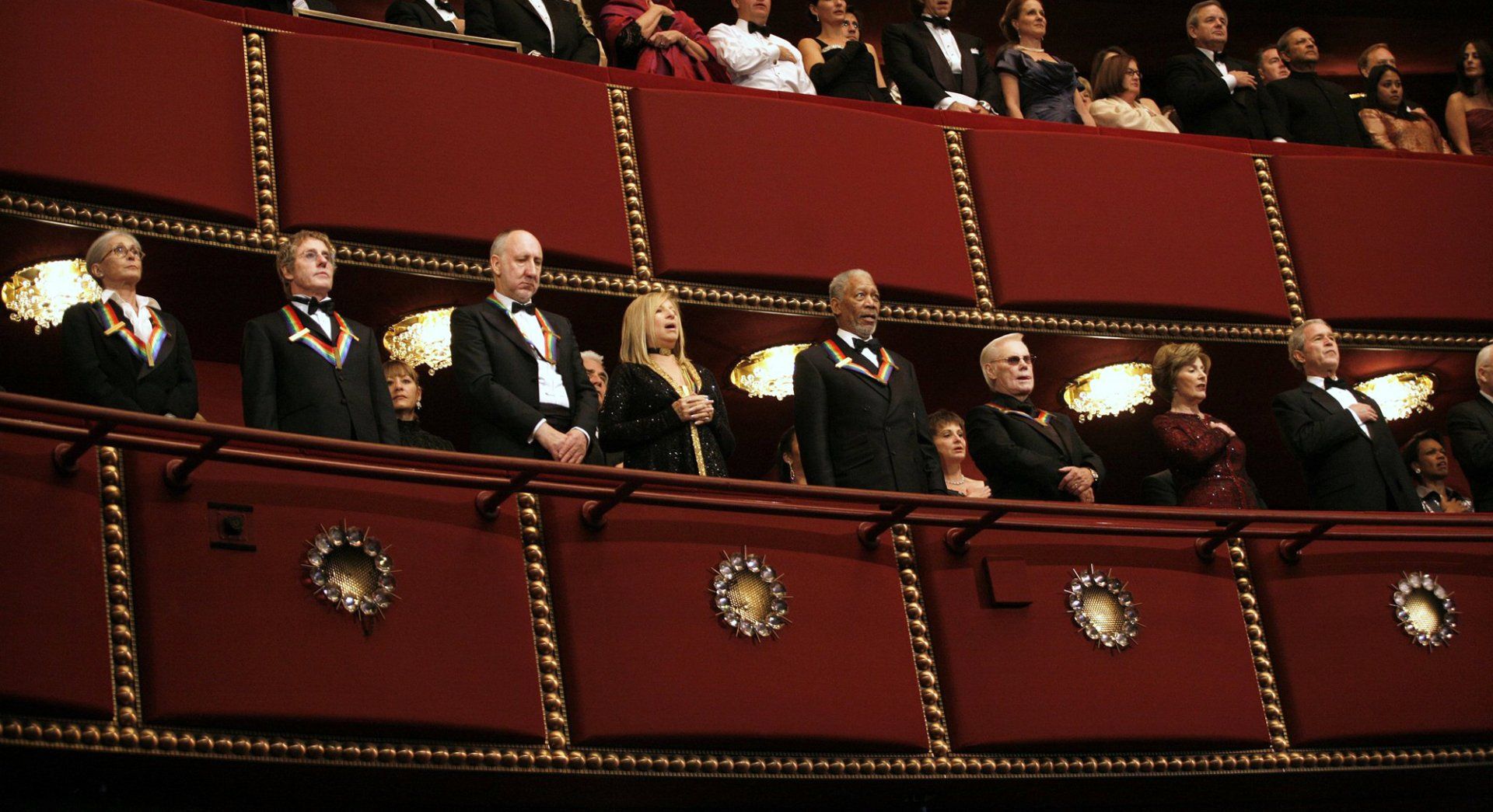 Kennedy Center 2008 honorees: Twyla Tharp, Roger Daltrey, Pete Townshend, Streisand, Morgan Freeman, George Jones, and Pres. Bush and Mrs. Bush.