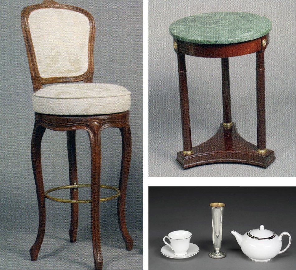 Photos of Streisand's stool, tea table, and tea set.