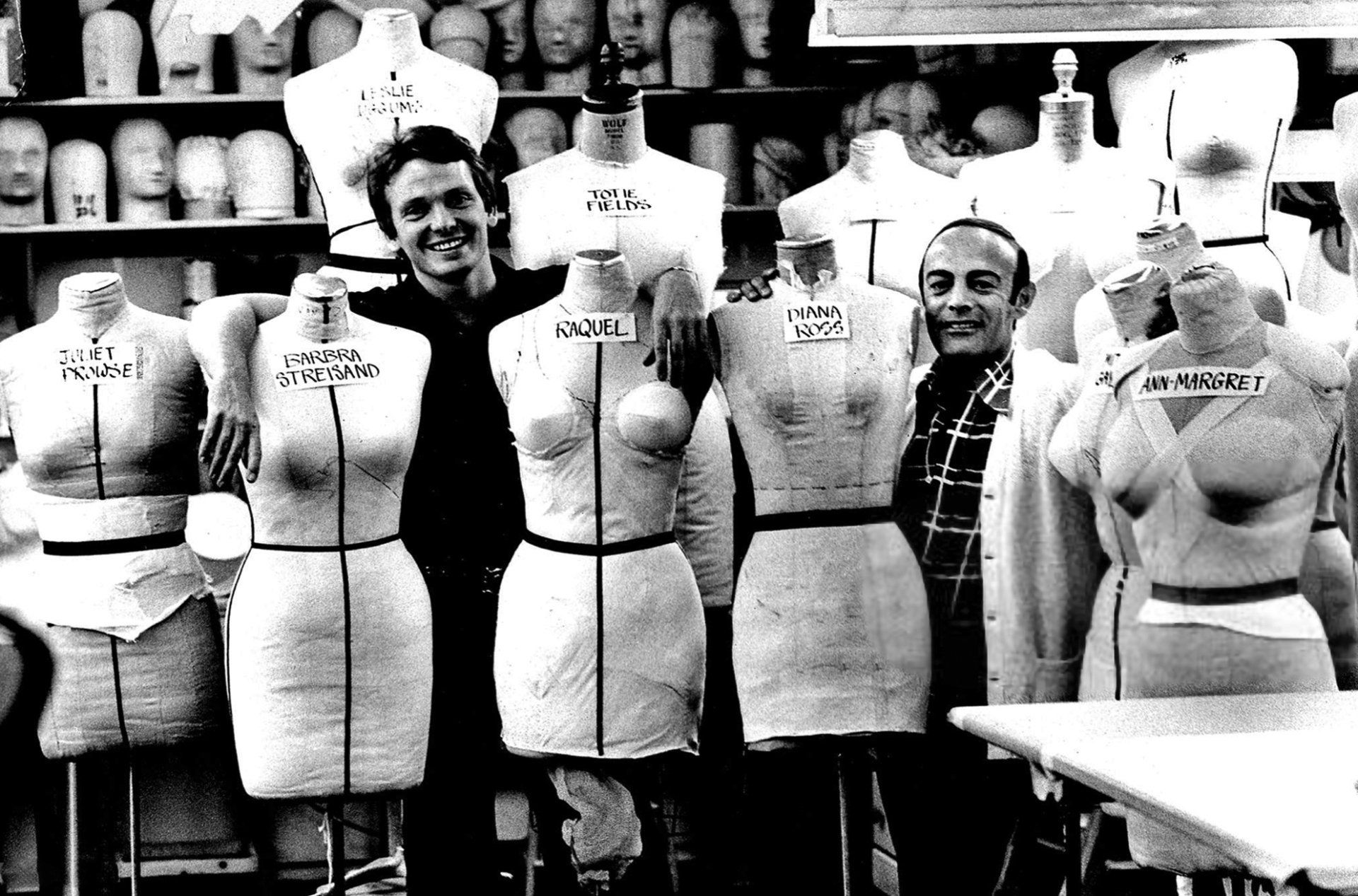 Bob Mackie and Ray Aghayan with dress forms for some of their famous clients.