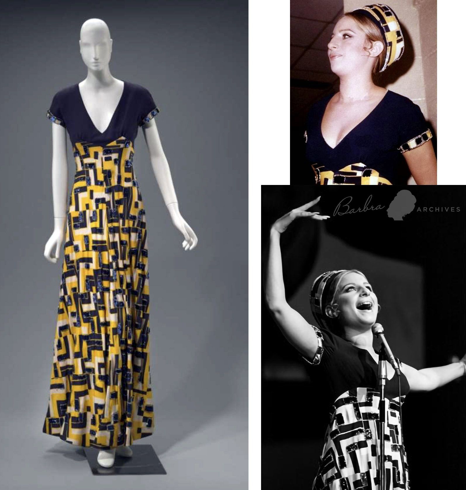 Photos of the blue and yellow gown worn by Streisand and designed by Scaasi