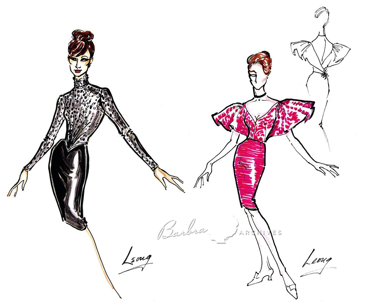 Two illustrations of Streisand's nightclub clothes by Terry Leong