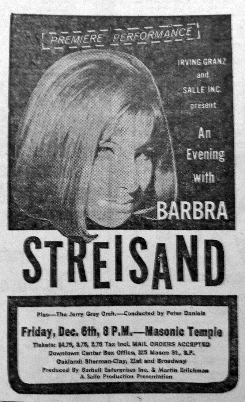 Ad for Streisand's show at San Francisco's Masonic Temple