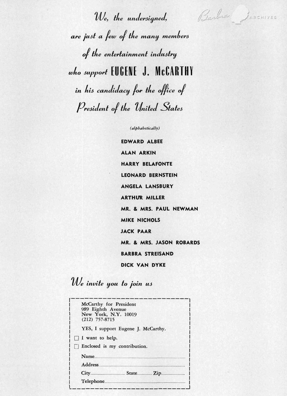 Industry ad with list of celebrities supporting Eugene Mccarthy for president.