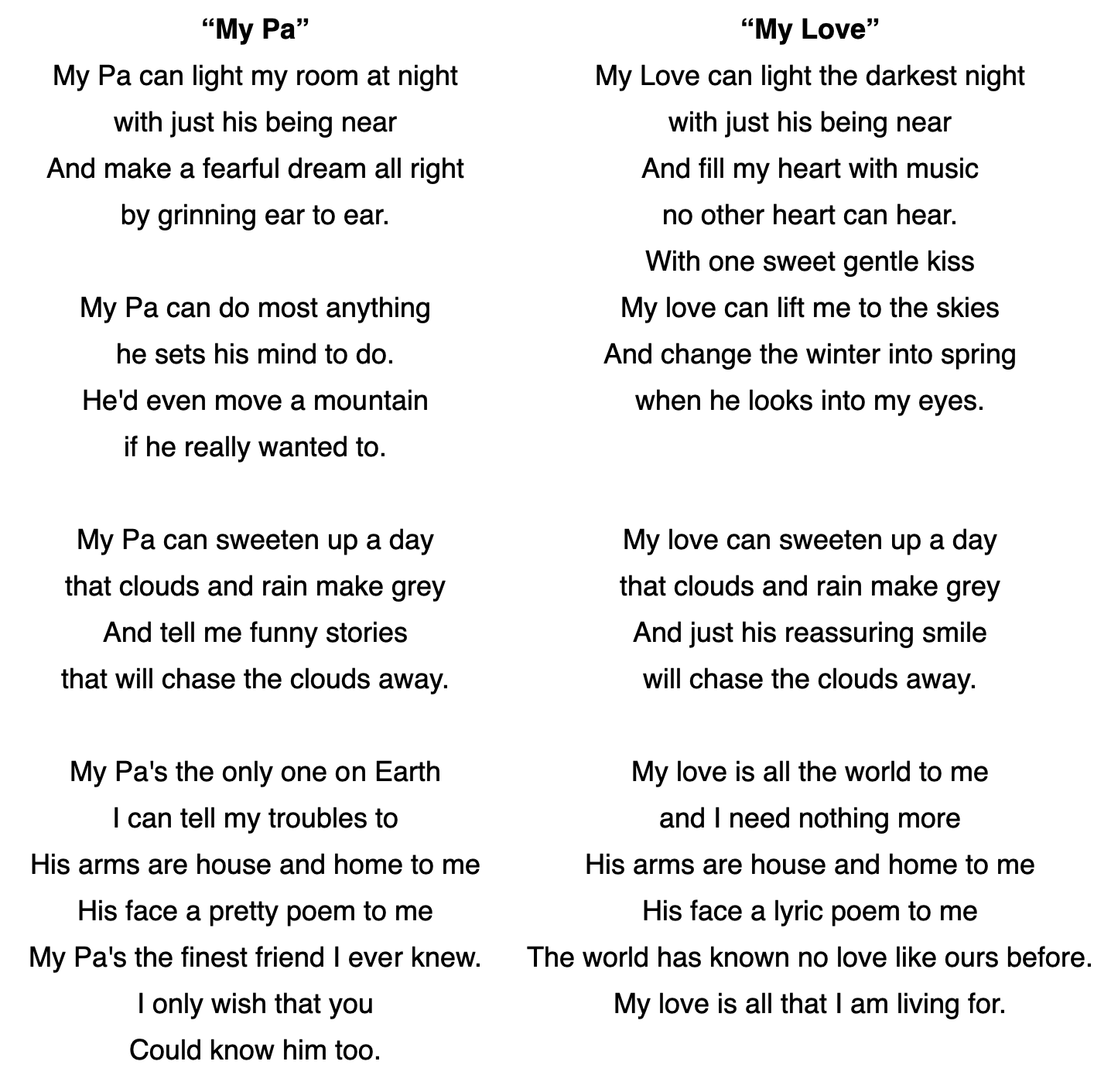 Comparison of lyrics to My Pa versus My Love