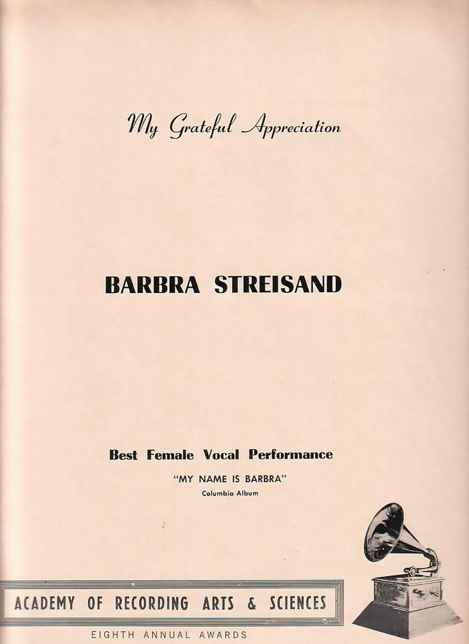 Industry ad of thanks for a Grammy, taken out by Barbra Streisand