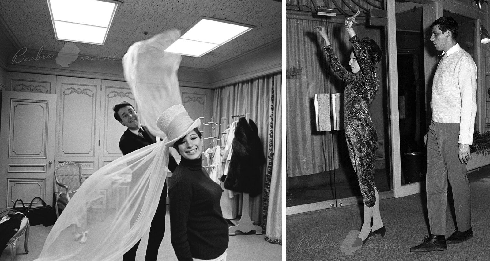 Halston and Streisand play with hats. Photo by: Jack Manning; Right: Streisand and Layton rehearse at Hotel Edison.