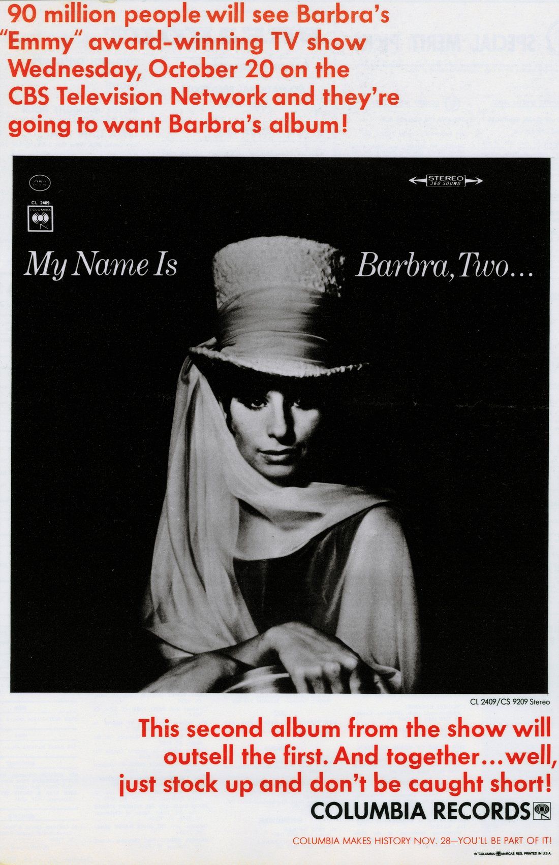 Columbia Records ad for the second My Name is Barbra album