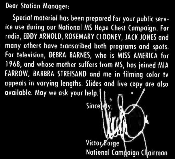 Print ad from humorist Victor Borge, explaining the 1968 MS television commercials that he and Barbra Streisand filmed.