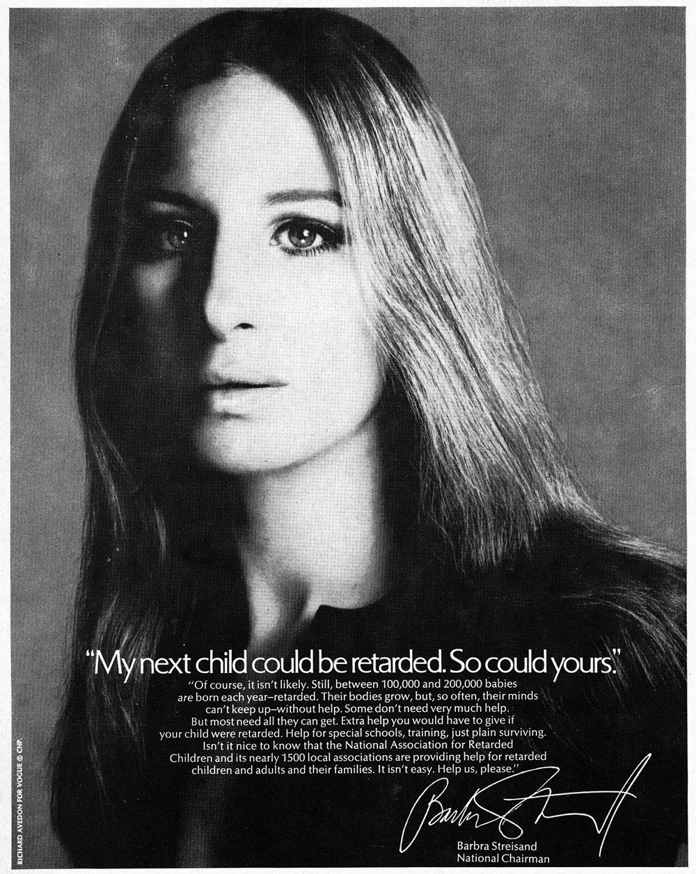 Streisand pictured prominently in an ad for retarded children, 1970.