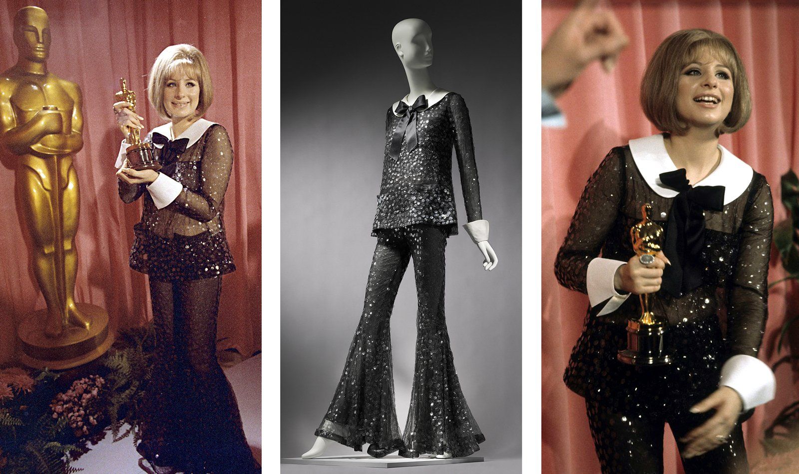 Three photos of Streisand wearing the glittery Scaasi pantsuit.