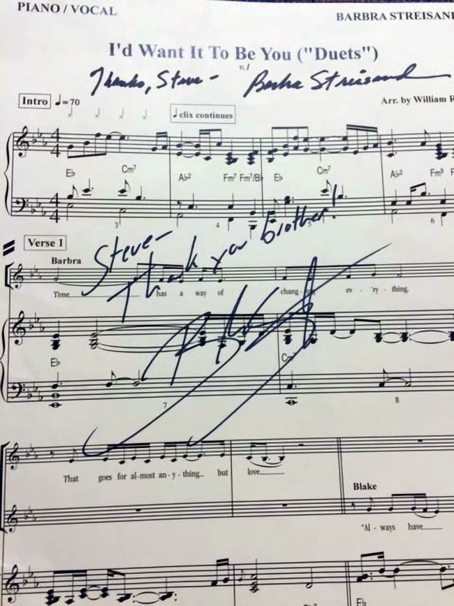 Sheet music signed by Barbra Streisand and Blake Shelton.