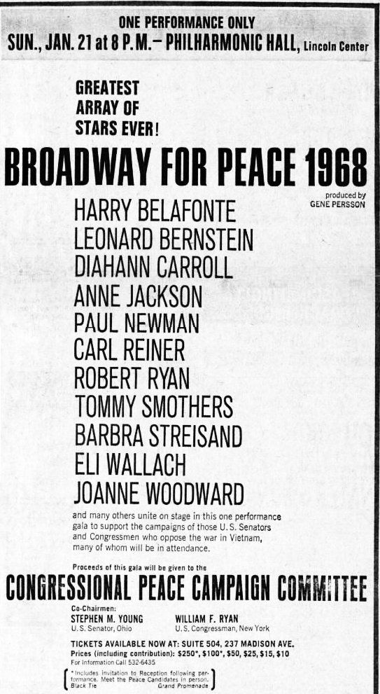 Newspaper ad for tickets to Broadway for Peace concert