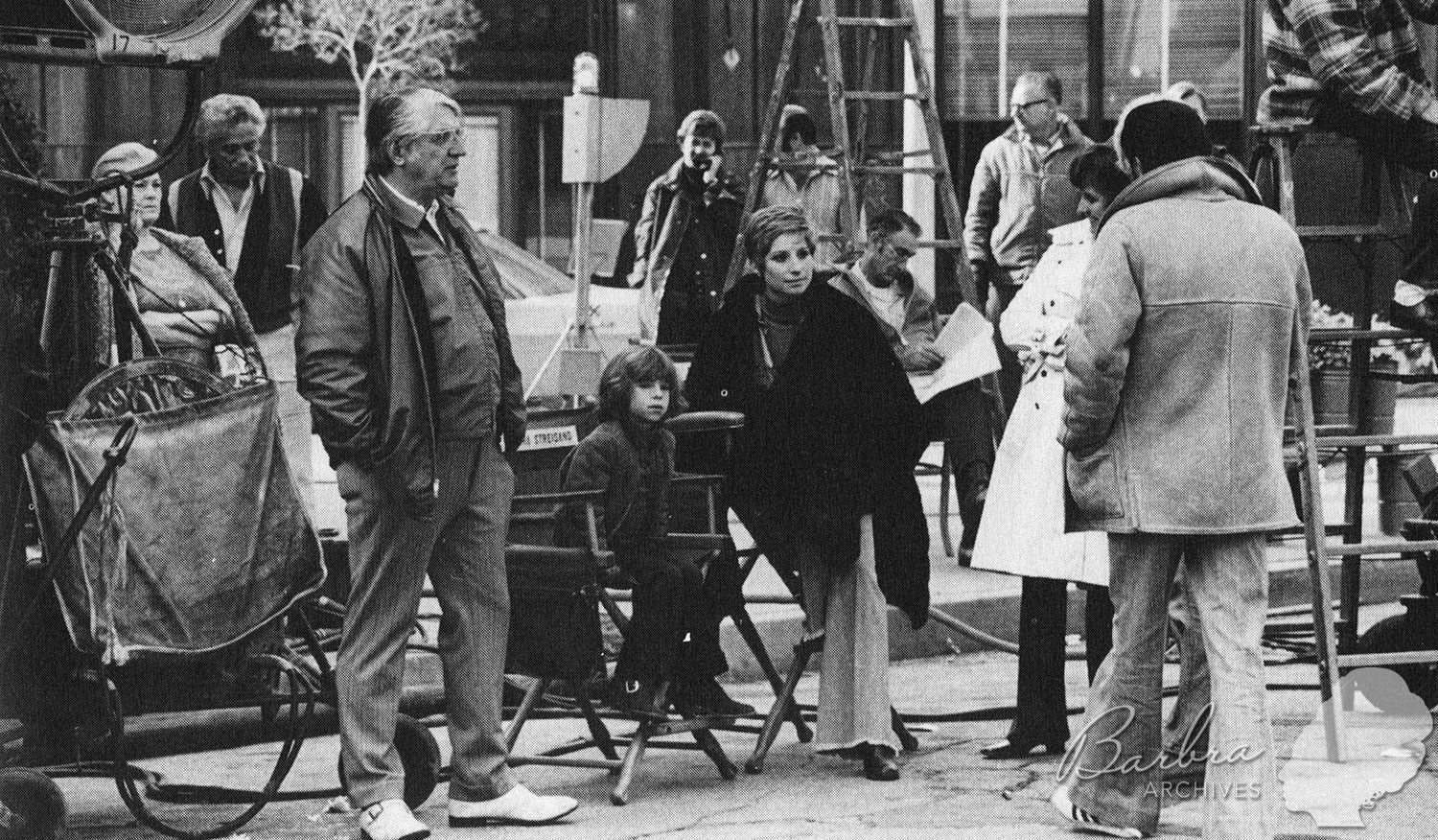 Streisand on the Columbia backlot with her son, Jason Gould.