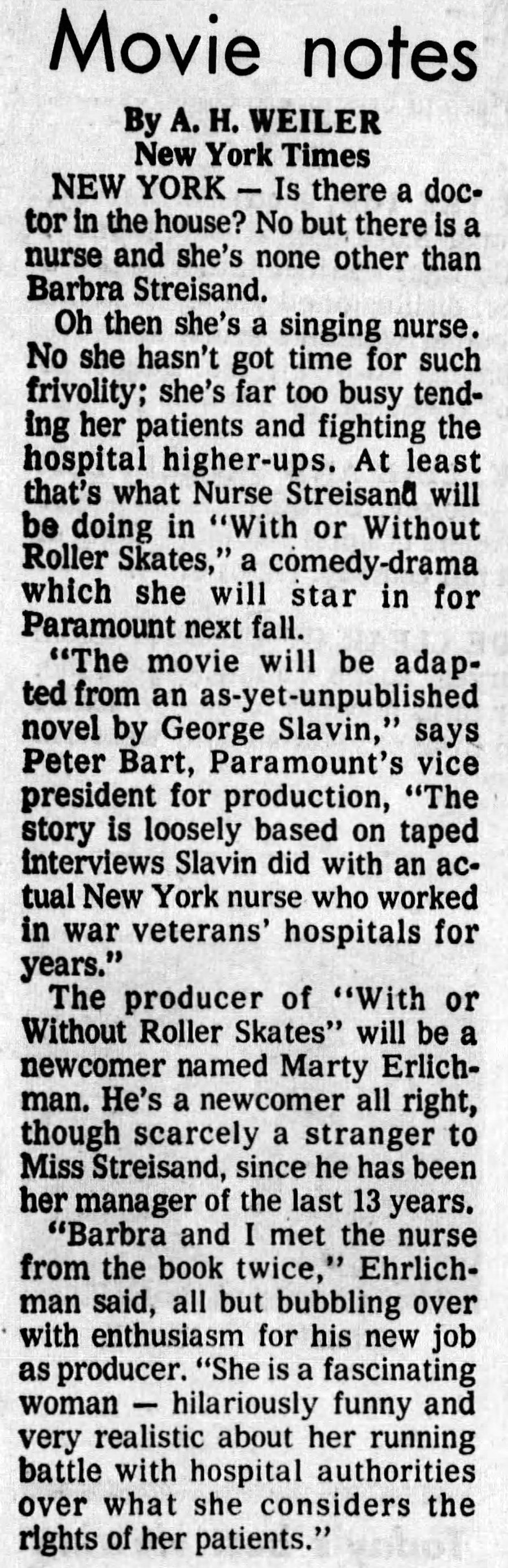 Newspaper article about a possible movie that Streisand might make.