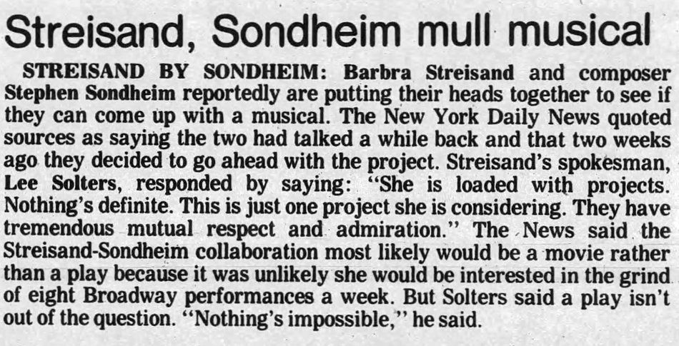 Newspaper article about Streisand/Sondheim movie musical.
