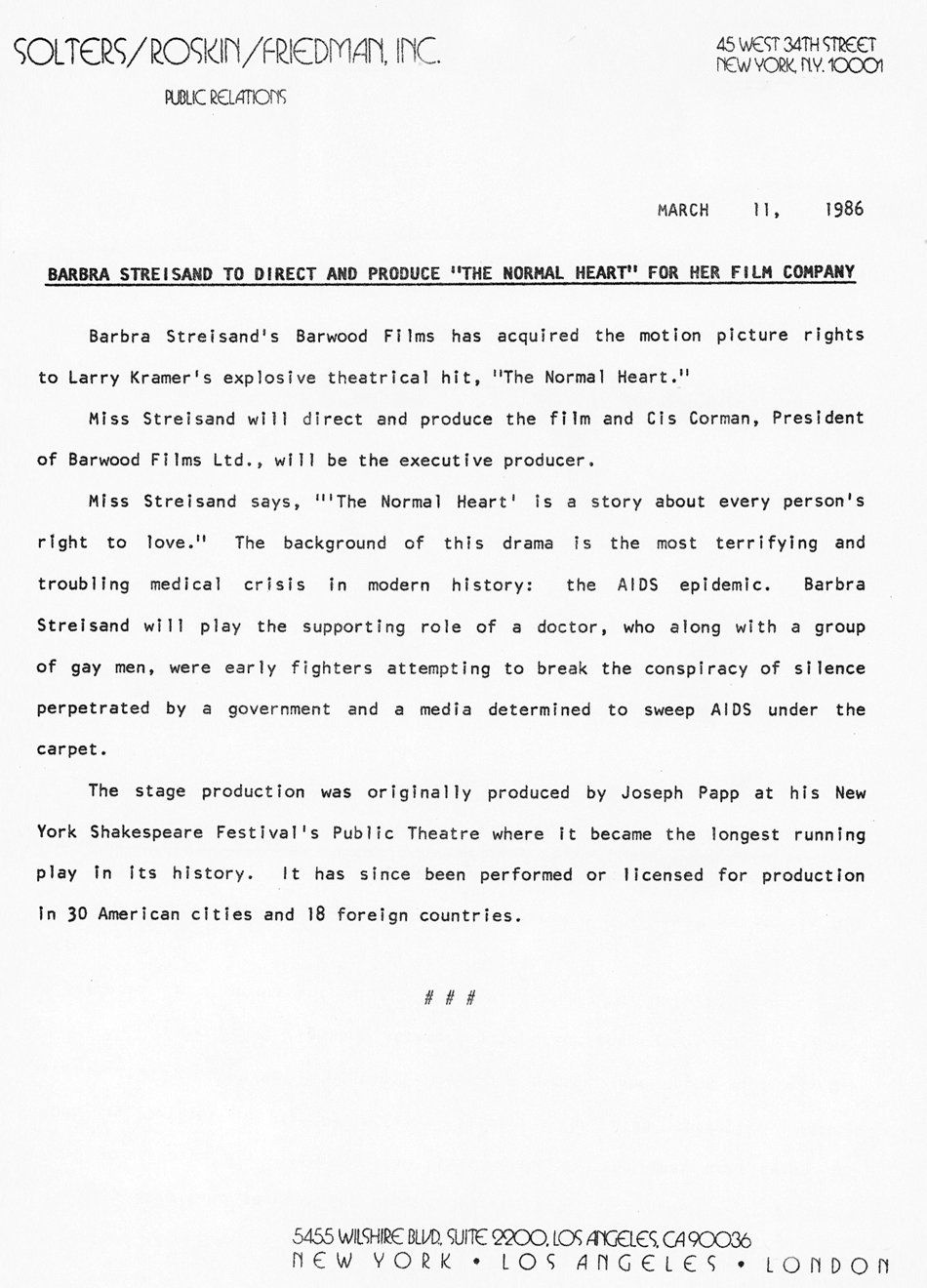 Press release announcing Streisand doing The Normal Heart in 1986