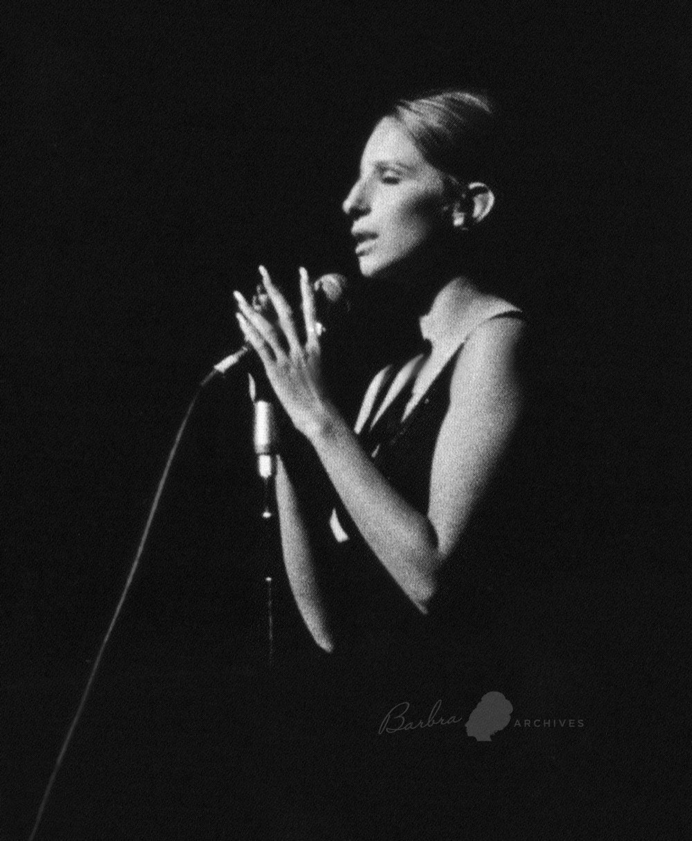 Streisand singing on stage at the Riviera Hotel, 1970.