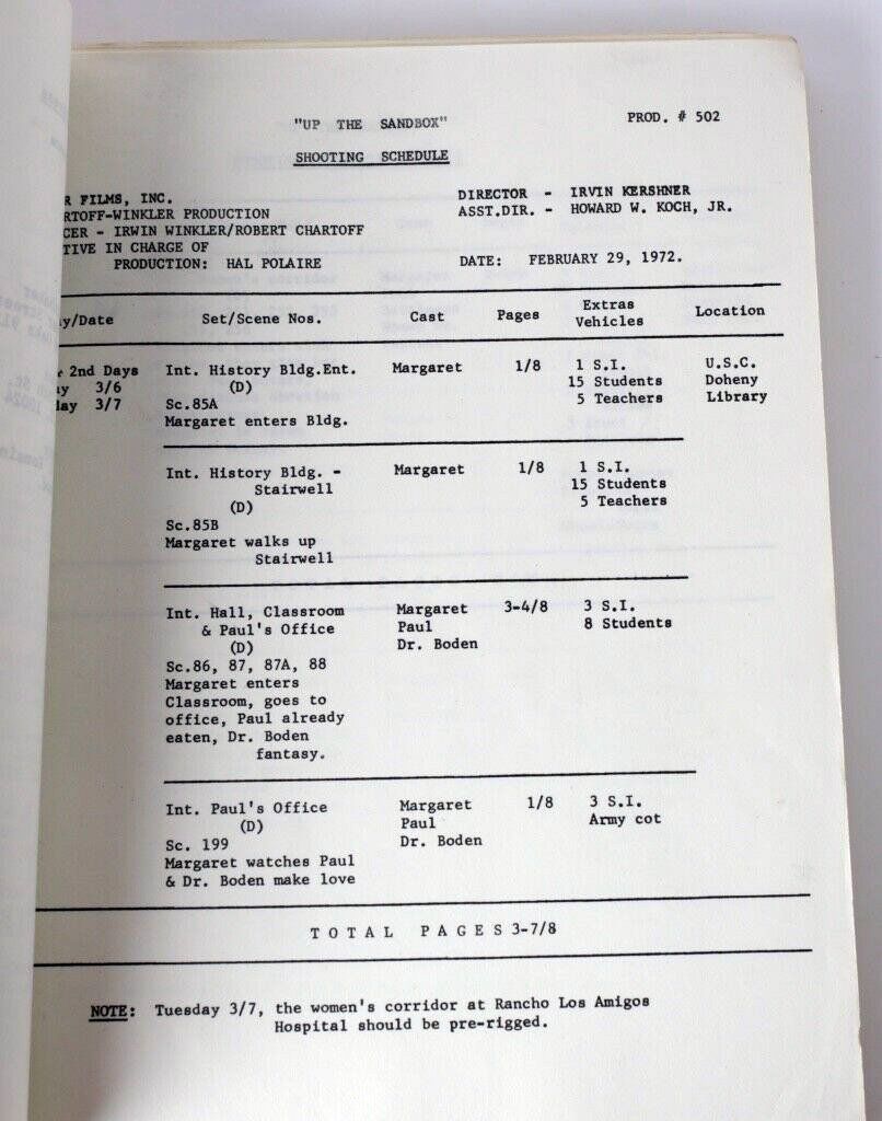 Photo of a page of the shooting schedule for this film.