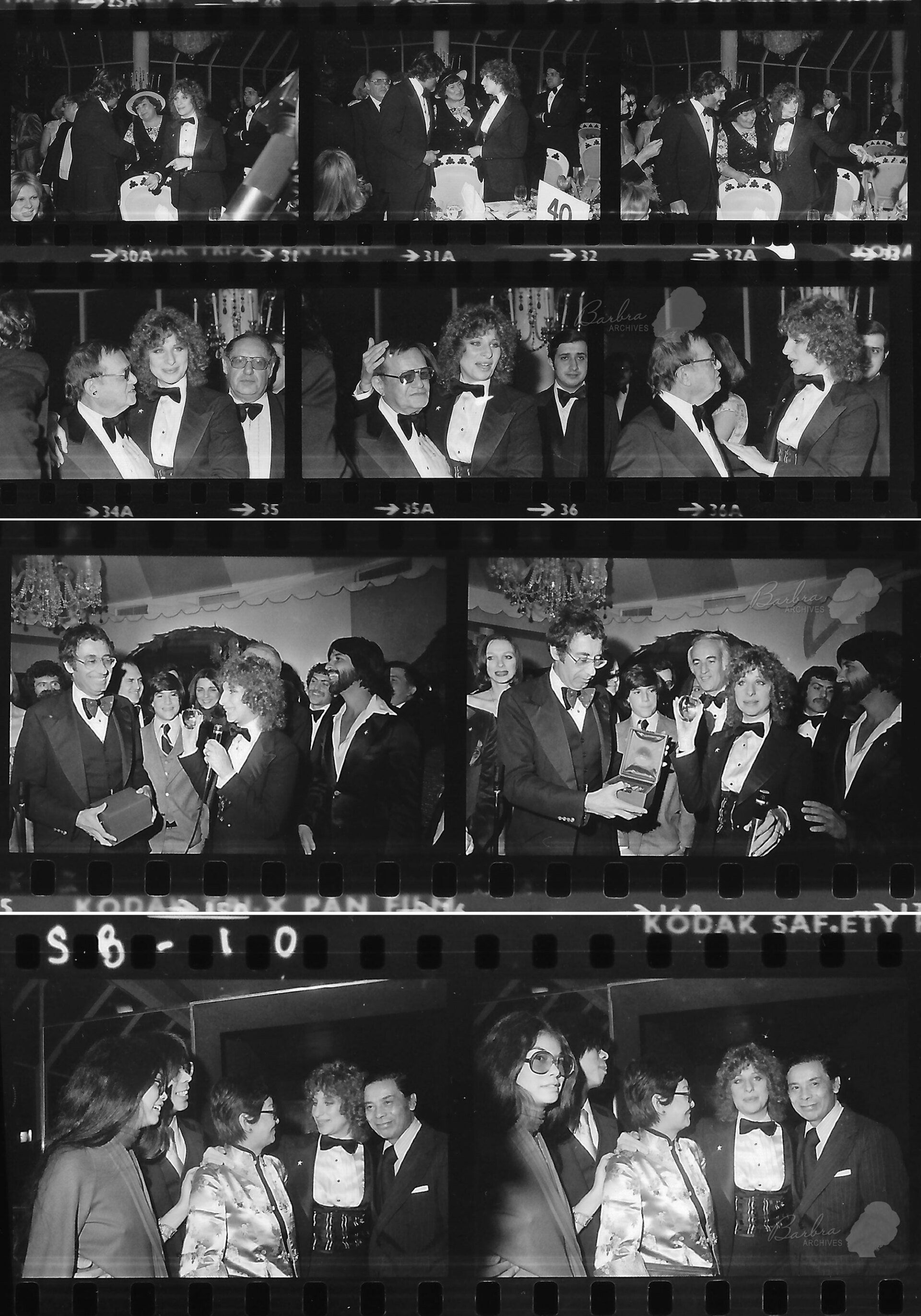 Proof sheet photos from the New York premiere featuring Bella Abzug, Jule Styne, and the Choys.