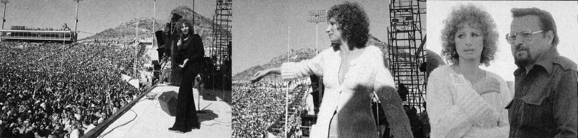 Three shots of Barbra Streisand singing at Sun Devil Stadium.