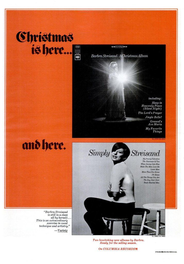 Columbia Records ad for her Christmas Album and Simply Streisand, both released at this time.