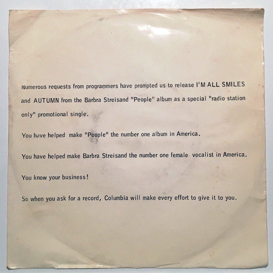 I'm All Smiles record sleeve with note from Columbia Records