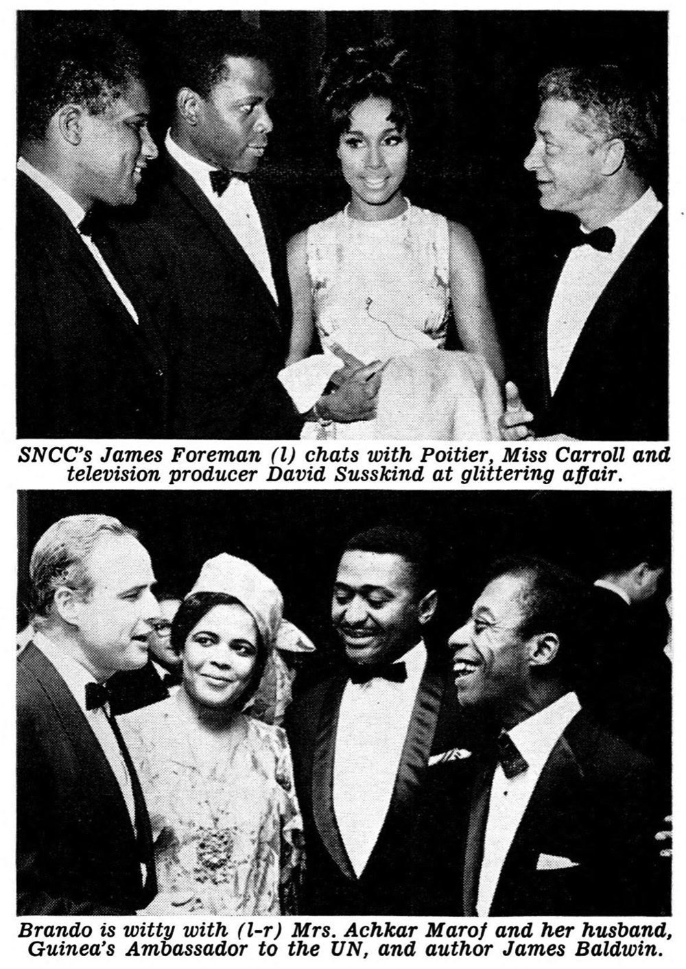 Photos of Sidney Poitier, Marlon Brando, James Baldwin, and Diahann Carroll.