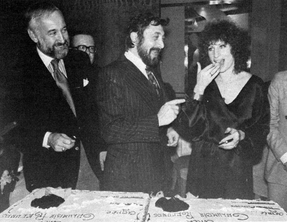 Bruce Lundvall, Walter Yetnikoff and Barbra Streisand celebrate her re-signing with Columbia Records