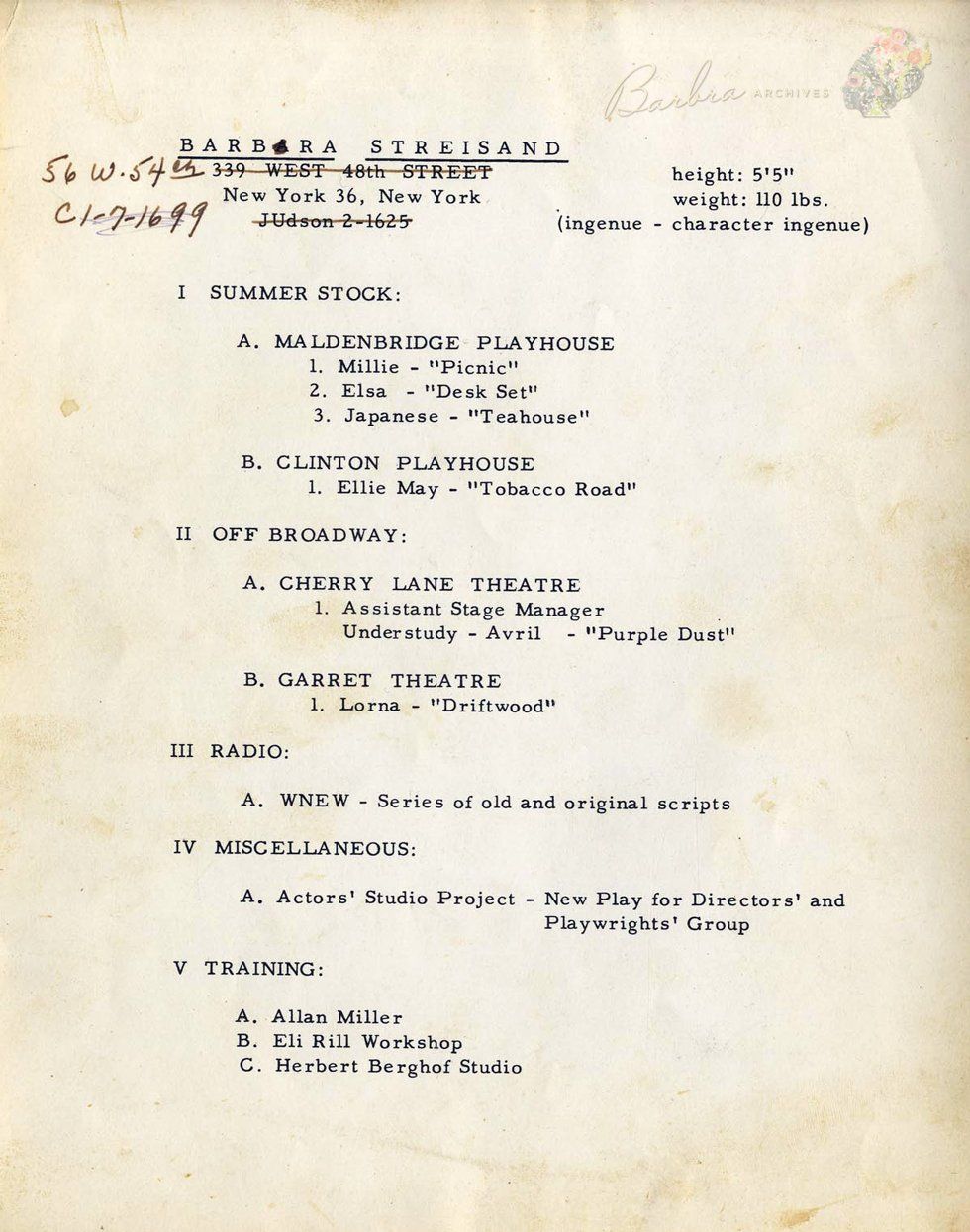 Barbra Streisand's theatrical resume, circa 1958