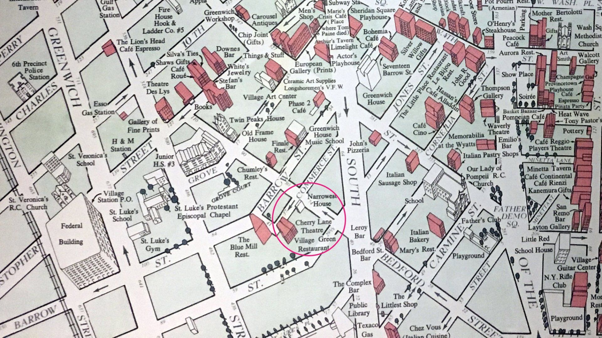 1960s map of Greenwich Village, NY, showing the Cherry Lane Theatre on Commerce Street.