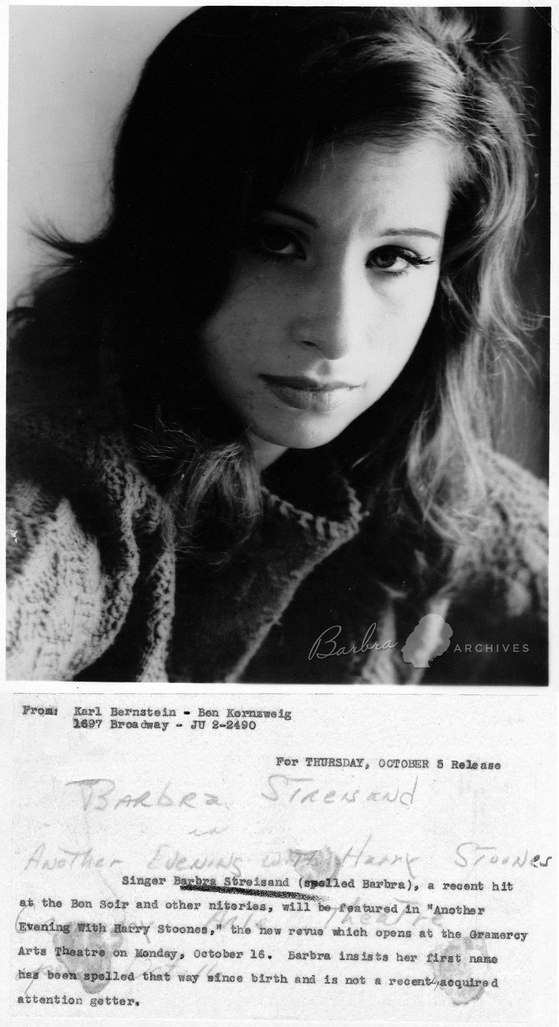 Barbra's publicity photo with text explaining how her name is spelled without an extra 'a'