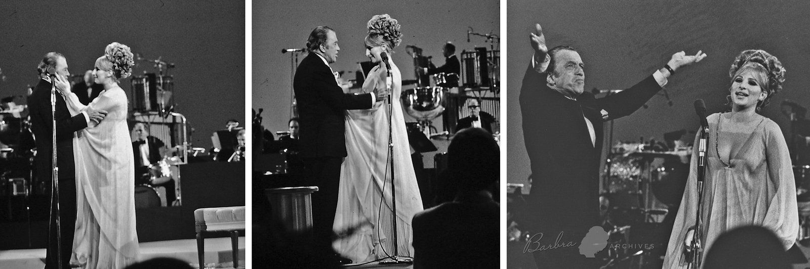 Three photos of Ed Sullivan and Barbra Streisand on stage together in 1969.