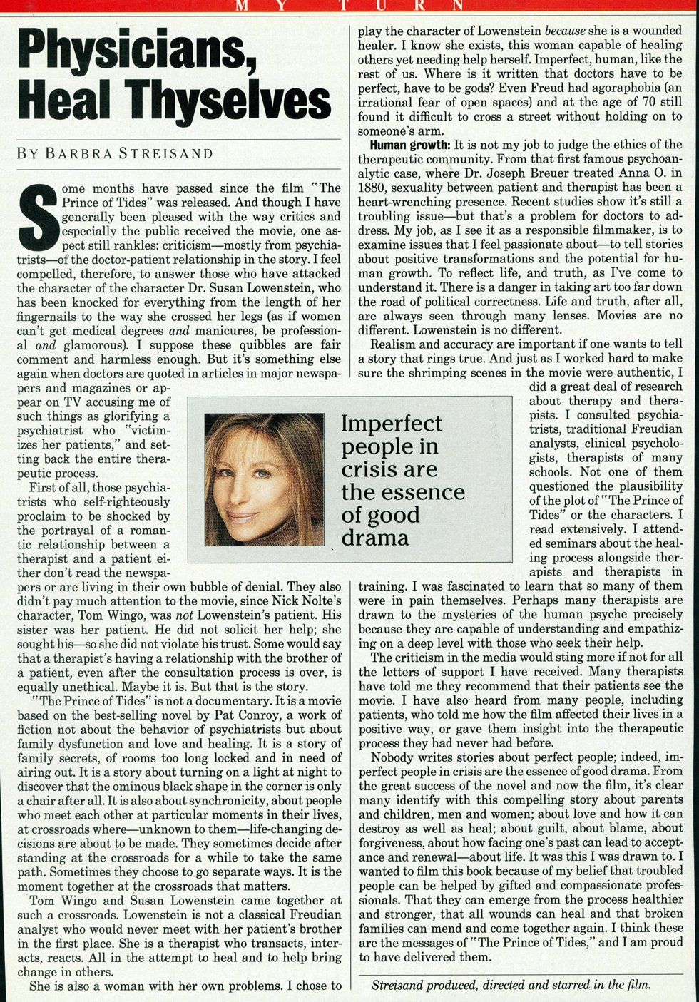 Streisand's article for Newsweek magazine.
