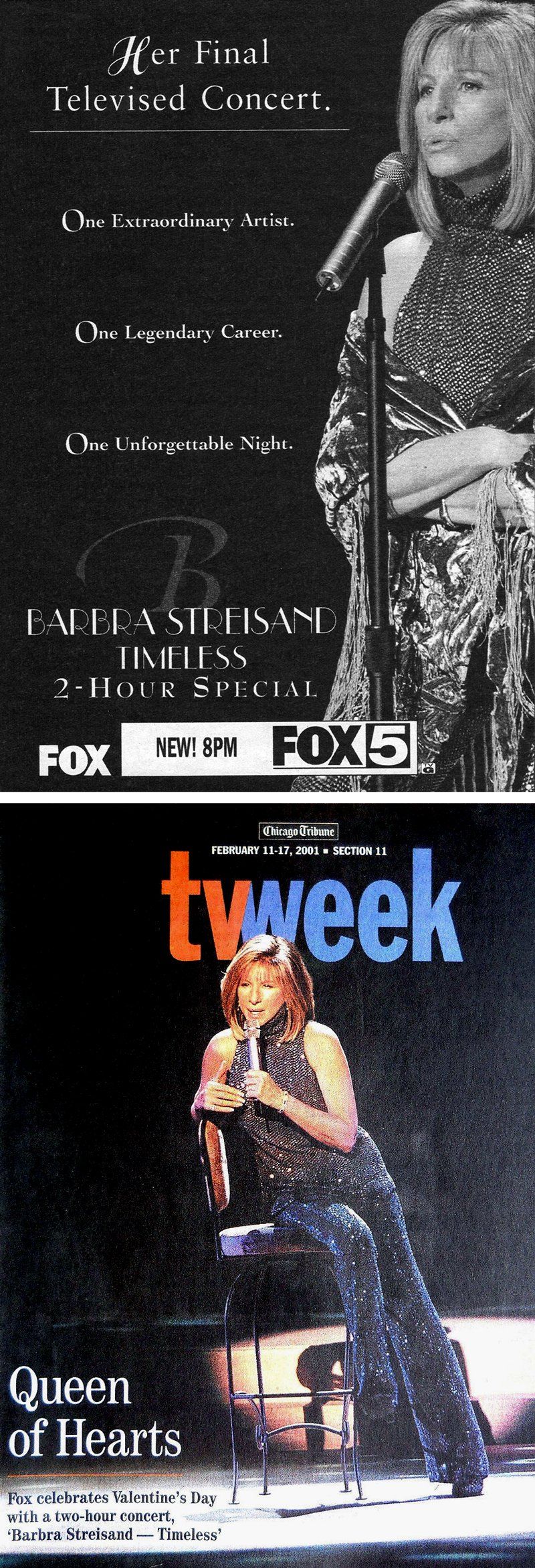 An ad and a TV Week cover for Barbra's 2001 Timeless special on Fox.