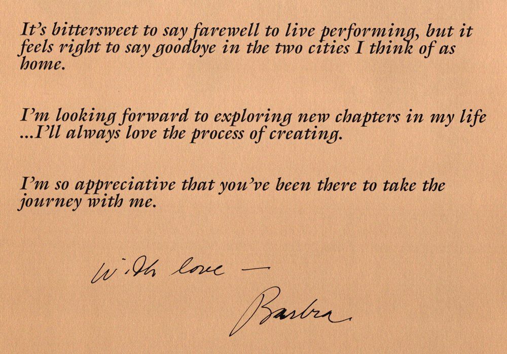 Streisand's note to the audience in the Los Angeles and New York concert programs.