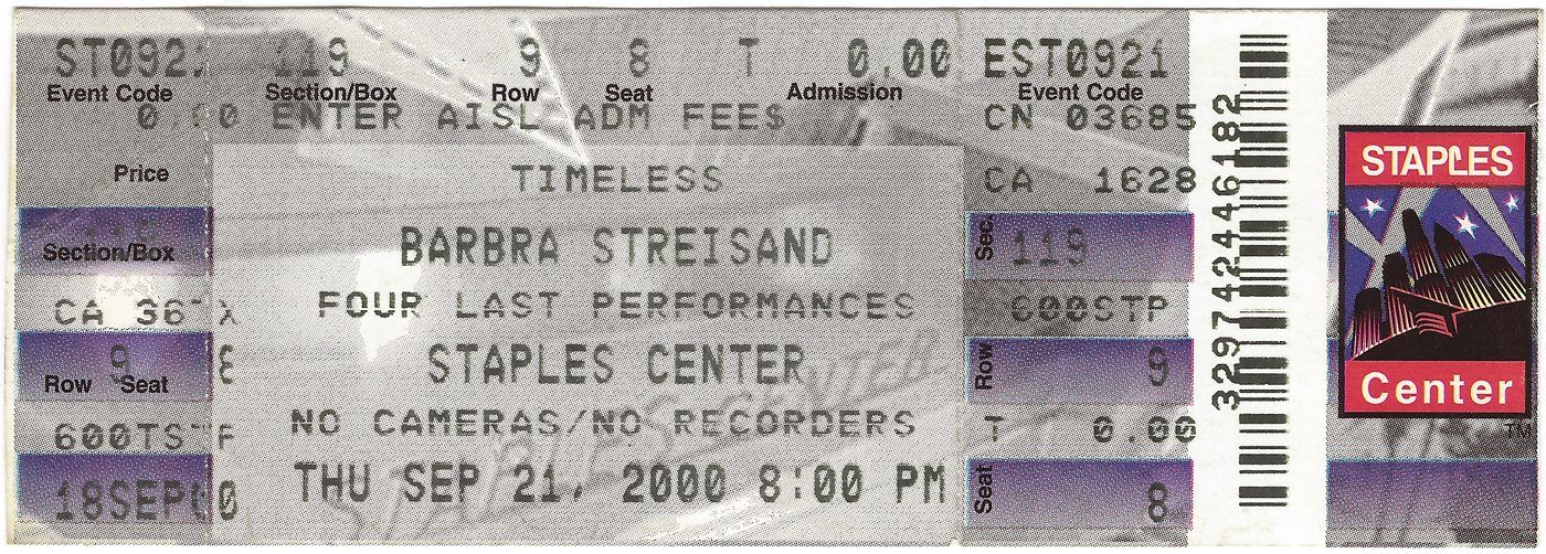 Concert ticket to Streisand's September 21, 2000 Staples Center show.
