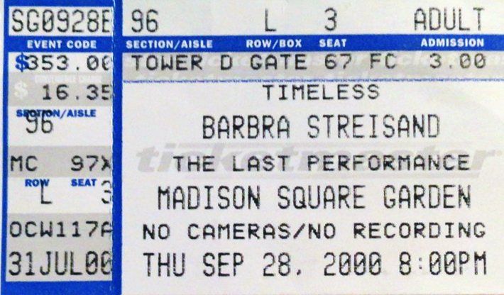 Ticket stub for Streisand's September 28, 2000 concert in New York.