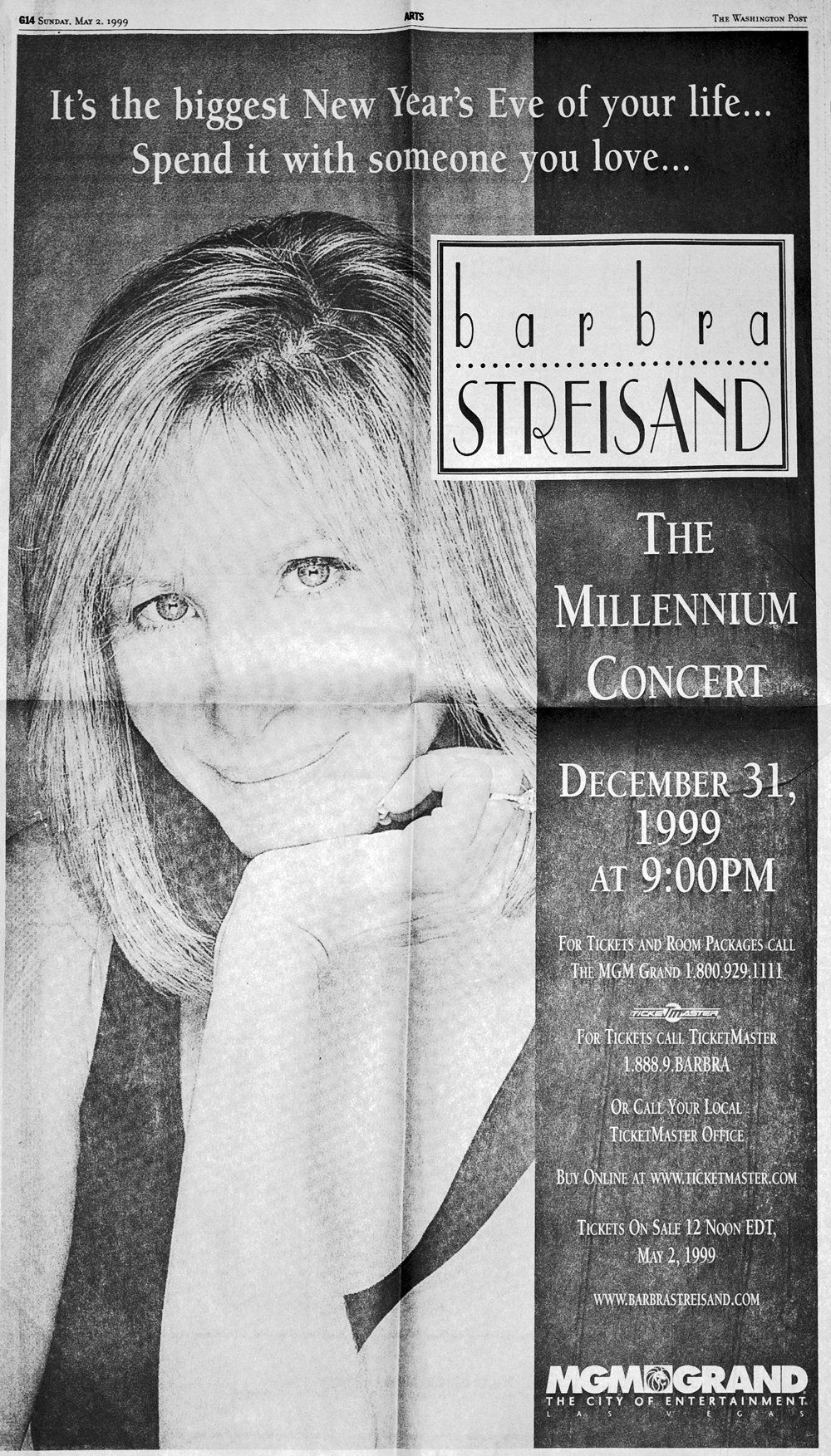 Full page newspaper ad for Barbra's December 31, 1999 concert.