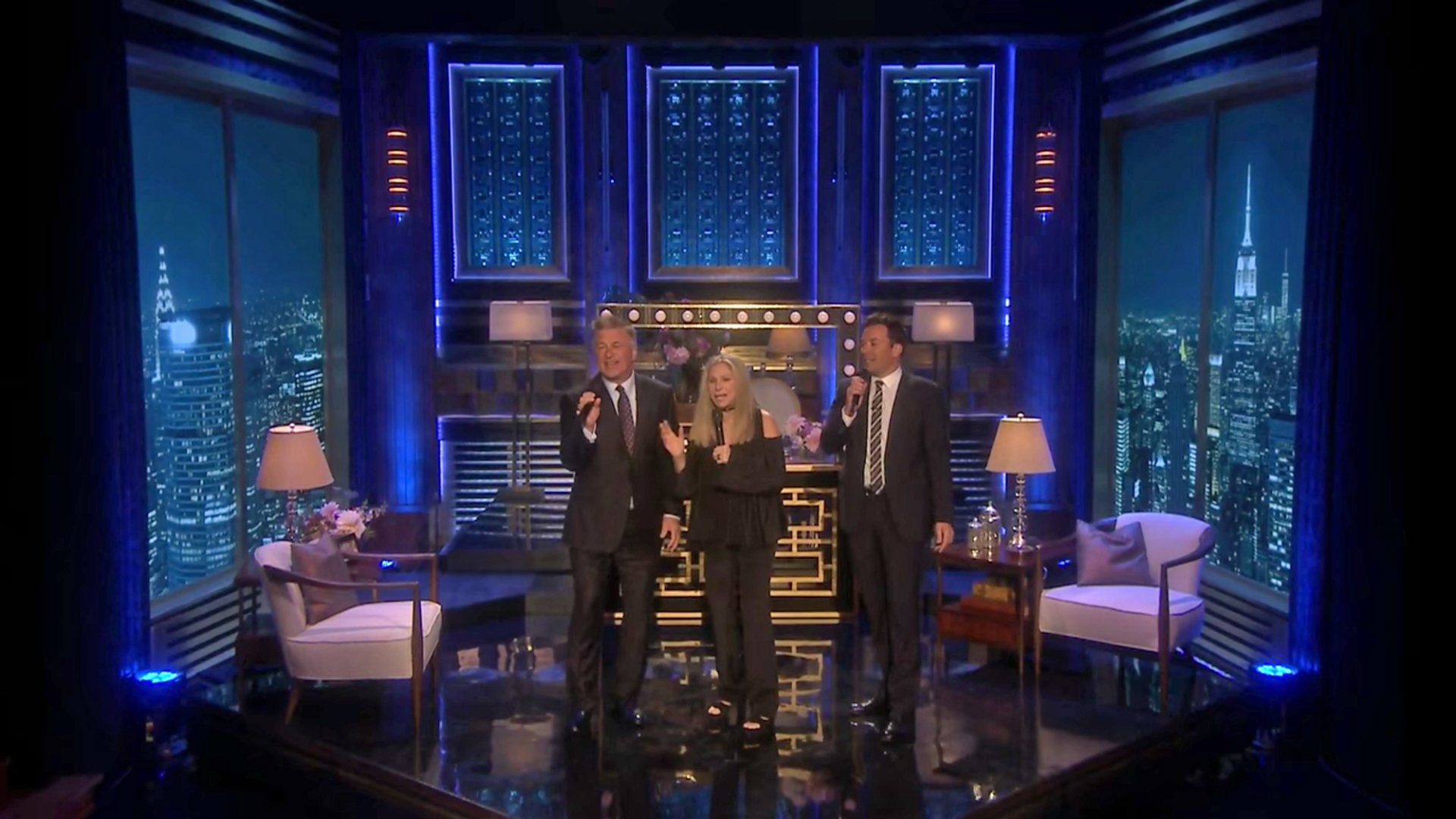 Alec Baldwin, Barbra Streisand, and Jimmy Fallon sing together on The Tonight Show, 2016.